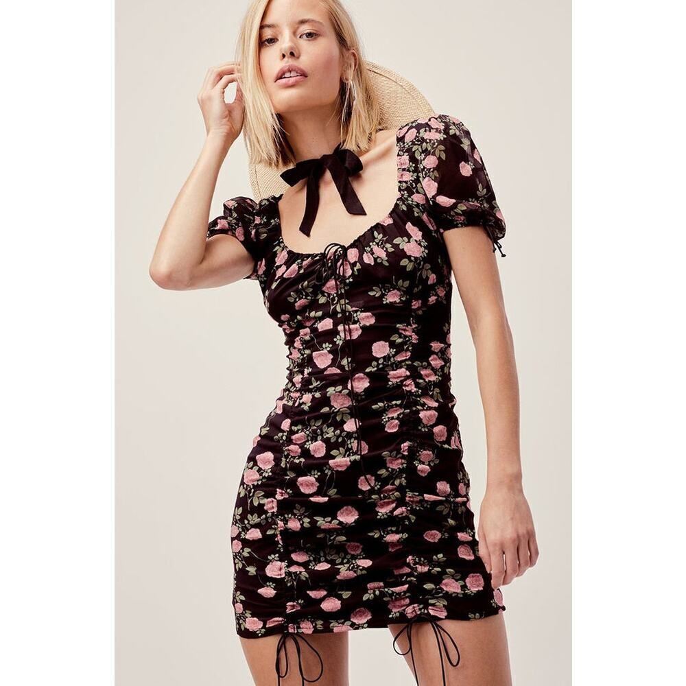 For Love & Lemons Biscotti Silk Mini Dress Women's XS Black Floral Ruched Tie